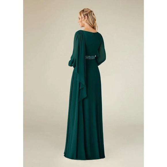 Azazie Priyanka Peacock A-Line Boatneck Pleated Chiffon Maxi Dress - Picture 2 of 8